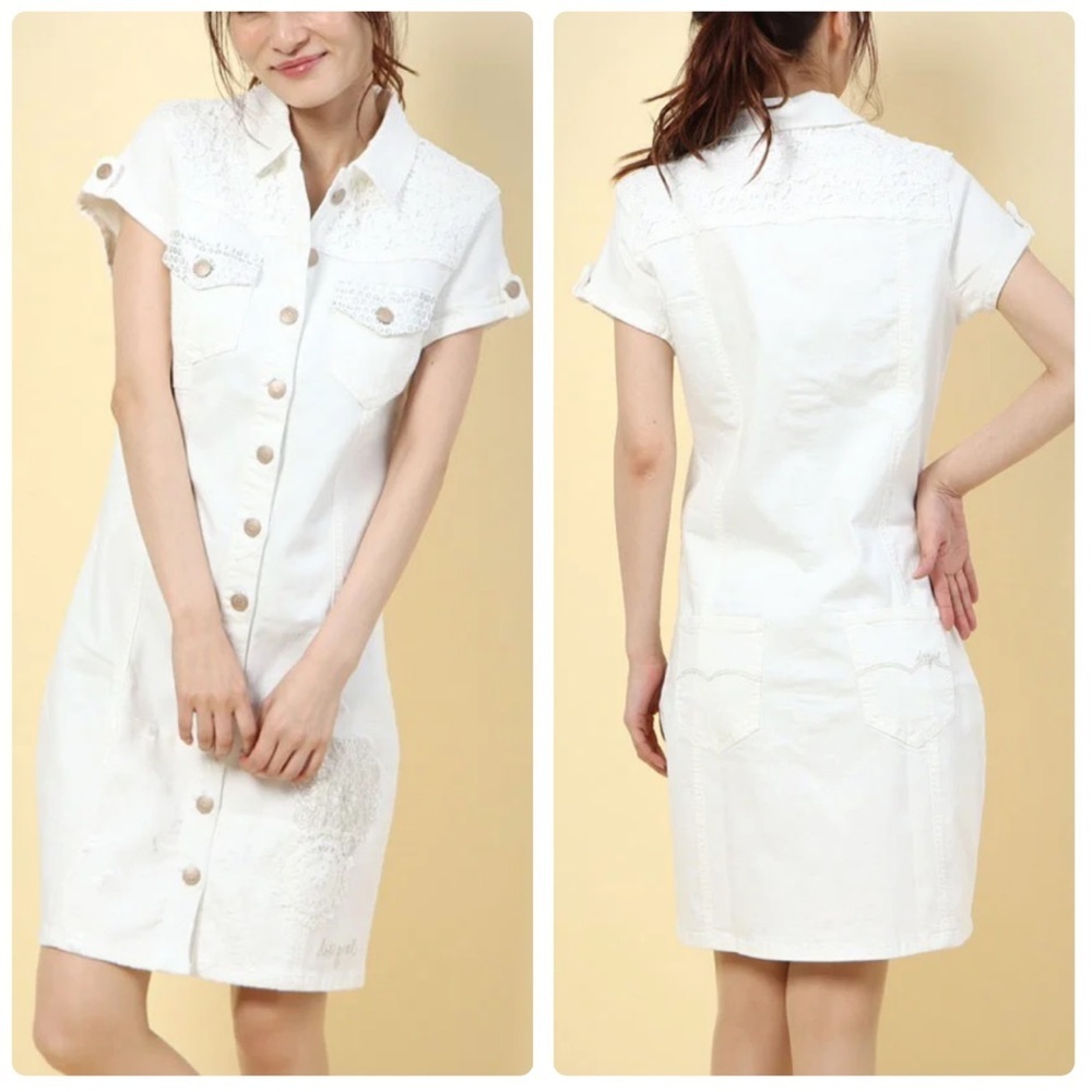 White Button-Front Short Sleeve Shirt Dress